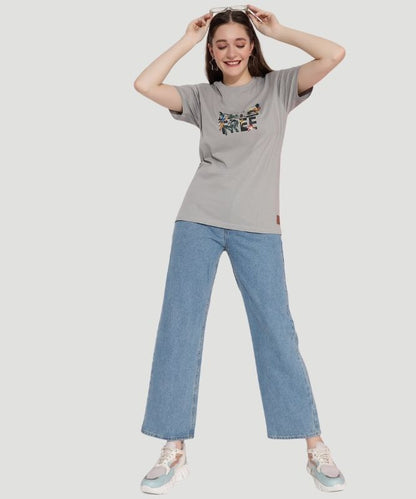 Women's Grey Graphic Print Half Sleeves Regular Fit T-Shirt