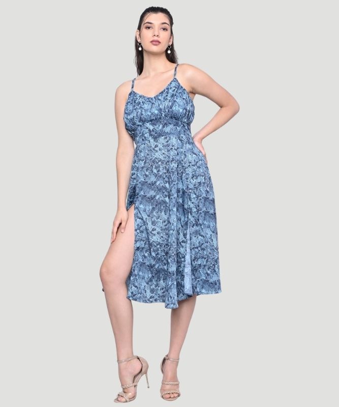 Women's Blue Abstract Print Regular Fit A-line Midi Dress